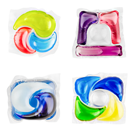 set liquid detergent in capsules for washing clothes isolated on white background.の写真素材