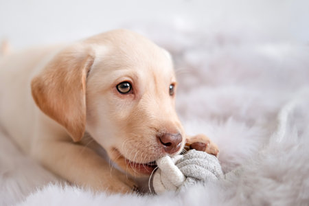 A cute Labrador puppy plays with a toy at home.の写真素材