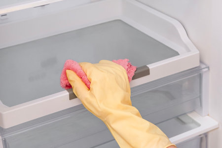 Close-up of a woman's gloved hand wiping down a refrigerator.の写真素材