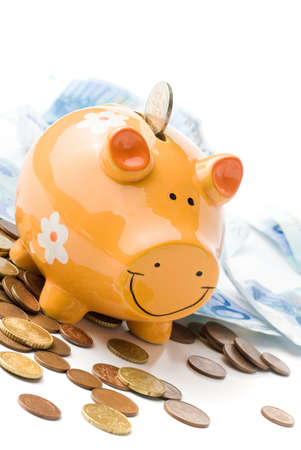 piggy bank and official spanish currency. euro coins and banknotes in vertical compositionの写真素材