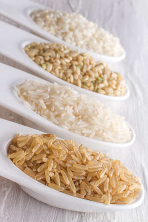 Variety of different rice grains in vertical compositionの写真素材