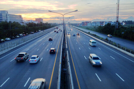 Traffic on Motorway at sunsetの写真素材