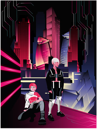 Vector cyberpunk women robots. A woman with a cyborg face. Mechanical man in clothes. Cyberg in a modern night cityのイラスト素材