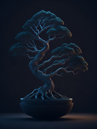 Bonsai tree in pot on dark background. 3D renderingの素材