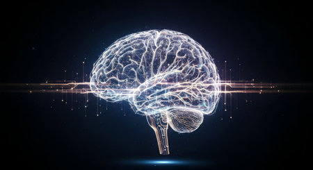 Digital illustration of human brain with glowing lines on dark background 3D renderingの素材