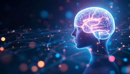 3D rendering of artificial intelligence concept with human brain on dark backgroundの素材