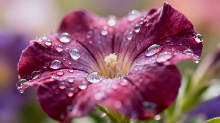 Water drops on purple petunia flower with shallow depth of field.の素材