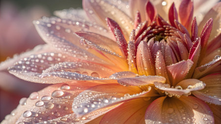 Close up of pink dahlia flower with dew drops.の素材