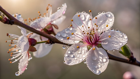 Water droplets on the flowers of a blossoming apricot treeの素材