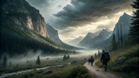 Hikers in Yosemite National Park, California, United States of Americaの素材
