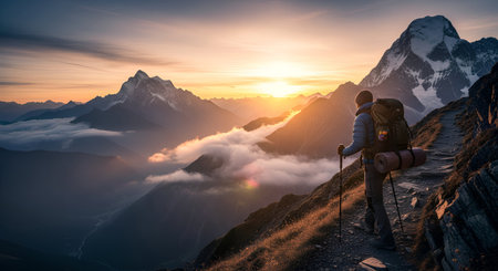 Hiker with backpack and trekking poles in the mountains at sunsetの素材