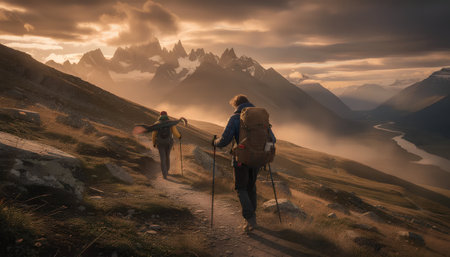 Hikers on the trail in the mountains at sunset. Dolomites, Italyの素材