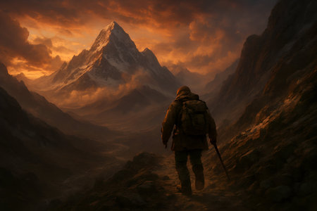 Hiker in Himalaya mountains at sunset. Man with backpack and trekking polesの素材