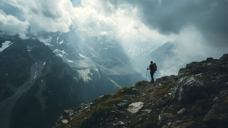 Hiker with backpack and trekking poles in the mountains on a cloudy dayの素材