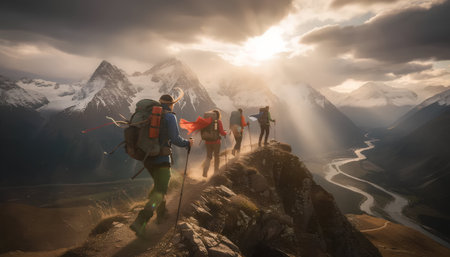 Hikers in Himalayas, Manaslu region, Nepalの素材