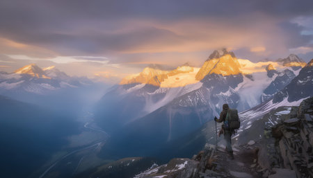 Hiker on the top of a mountain at sunset, Switzerland.の素材
