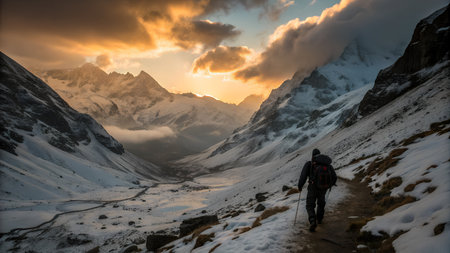Trekking in Himalayas, Annapurna Circuit Trek, Nepalの素材