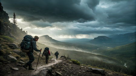 Hikers with backpacks on the trail in the Carpathian mountainsの素材