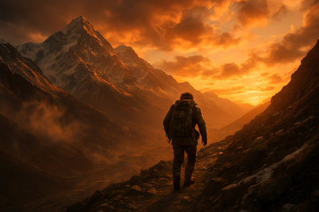 Hiker in Himalaya mountains at sunset. Man trekking in Nepalの素材