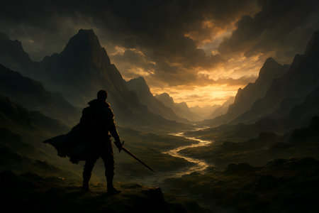 Fantasy landscape with a man in armor and sword. 3d renderの素材
