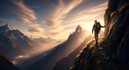 Hiker in the mountains at sunset. 3D Rendering.の素材