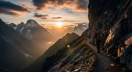 Hiker in the mountains at sunset. Trek near Matterhorn mountの素材