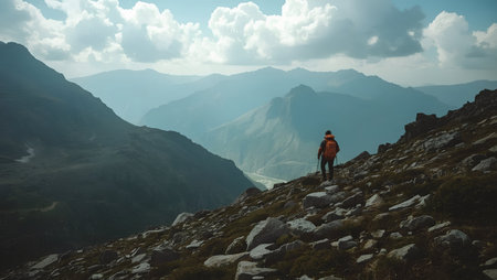 Hiker standing on top of a mountain and looking at the valleyの素材
