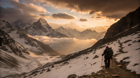 Hiker in Himalaya mountains at sunset. Annapurna Conservation Area, Nepalの素材
