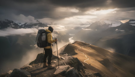 Hiker with backpack and trekking poles on the top of mountainの素材