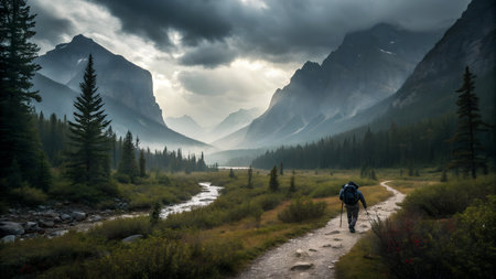 Hike in the Canadian Rockies. The concept of active and photo tourismの素材