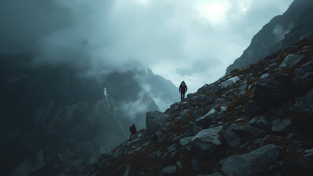 Silhouette of two people standing on top of a mountain with fog in the backgroundの素材
