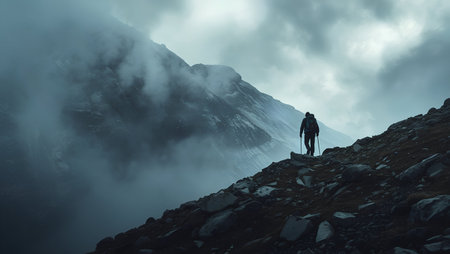 Hiker on the top of a mountain with fog and clouds in the backgroundの素材
