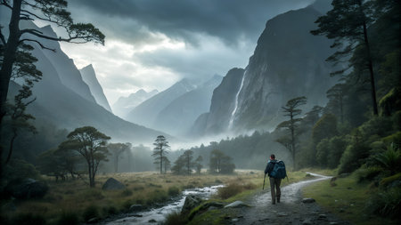 Hiker in Milford Sound, Fiordland National Park, New Zealandの素材