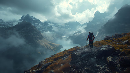 Hiker in the mountains at sunset. Trek near Matterhorn mountの素材
