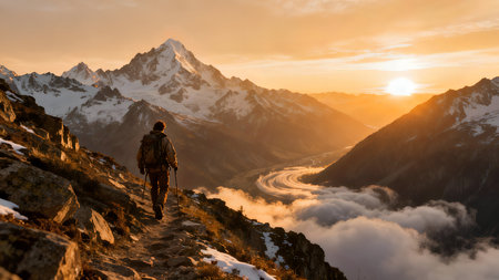 Hiker in Himalaya mountains at sunset, Annapurna Circuit Trek, Nepalの素材