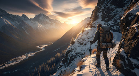 Hiker with backpack and trekking poles in the mountains at sunset.の素材