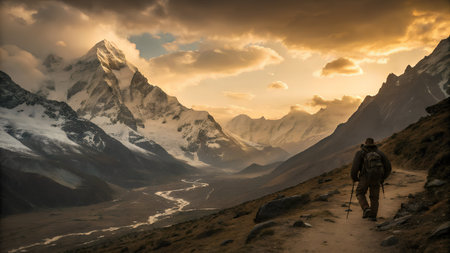 Hiking in Himalaya mountains at sunset, Annapurna Conservation Area, Nepalの素材