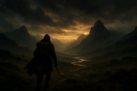 Fantasy landscape with a silhouette of a warrior on the background of the mountainsの素材