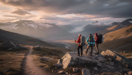 Hikers with backpacks on a trail in the mountains at sunsetの素材