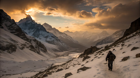 Hiker in Himalaya mountains, Annapurna Conservation Area, Nepalの素材