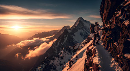 Hiker on the top of the mountain against the backdrop of a beautiful sunsetの素材