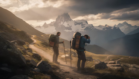 Hikers with backpacks on the trail in the mountains at sunset.の素材