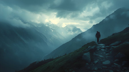 Silhouette of a hiker in the mountains with fog.の素材