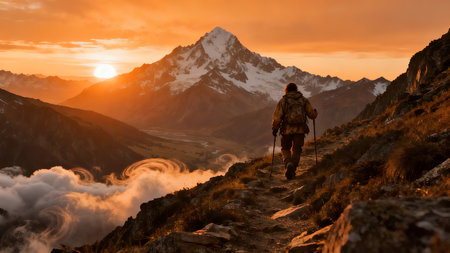 Hiker in Himalaya mountains at sunset. Trekking in Nepalの素材