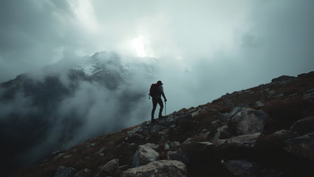 Silhouette of a hiker standing on the edge of a rocky mountainの素材