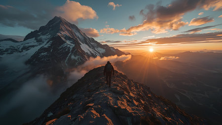 Matterhorn peak with man on top at sunrise, Zermatt, Switzerlandの素材