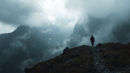 Silhouette of a man standing on a mountain trail in the fogの素材