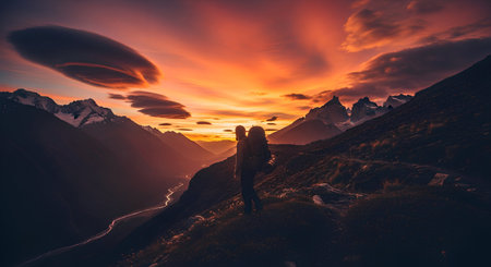 Hiker in the mountains at sunset. Trek near Matterhorn mount, Switzerlandの素材