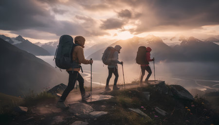 Group of hikers with backpacks hiking in the mountains at sunrise.の素材