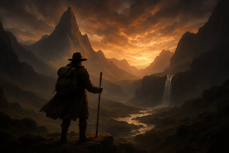 Silhouette of a man in a hat and cloak standing in the middle of a foggy landscapeの素材